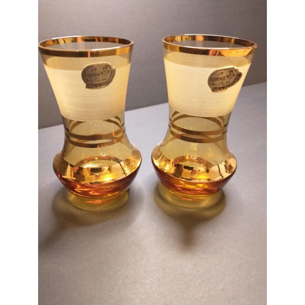 Bohemia Glass 3 oz Cordial Glasses Set of 2 Amber Gold White Striped MCM